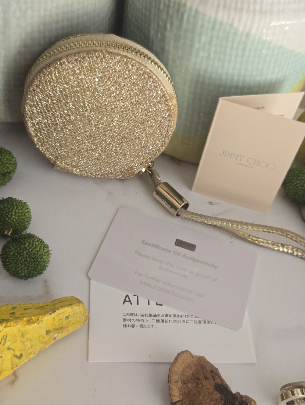 Jimmy Choo Rare Gold Glitter Round Coin Purse Pouch With Authenticity Card - Picture 2 of 13
